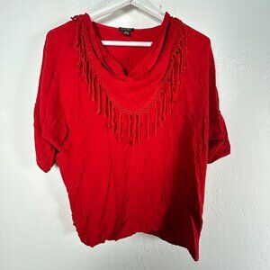 Dairi Fashion Womens Red Fringe Cowl Neck 3/4 Dolman Sleeve Top Loose Fit Casual